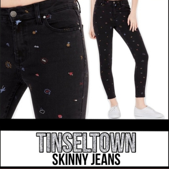 Tinseltown~Mid Rise Colorful Print Black Neutral Skinny Denim Jeans NWT - Picture 1 of 16
